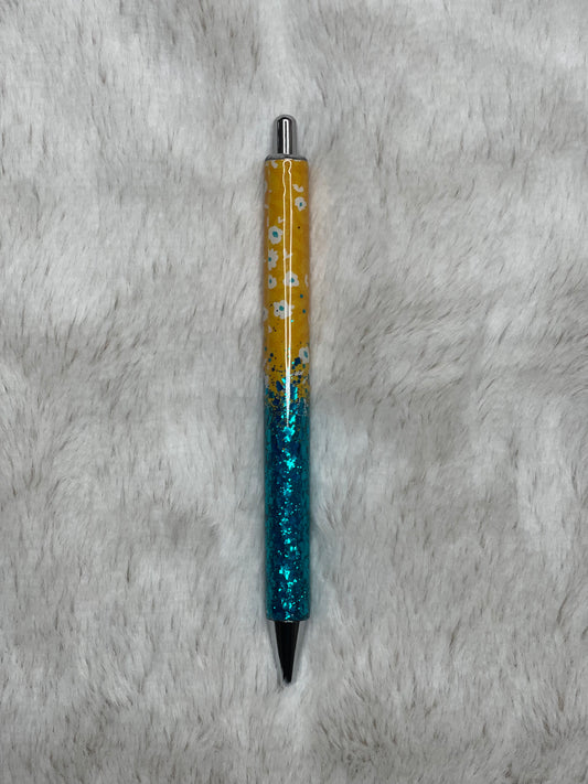 Turquoise Glitter and Floral Pen