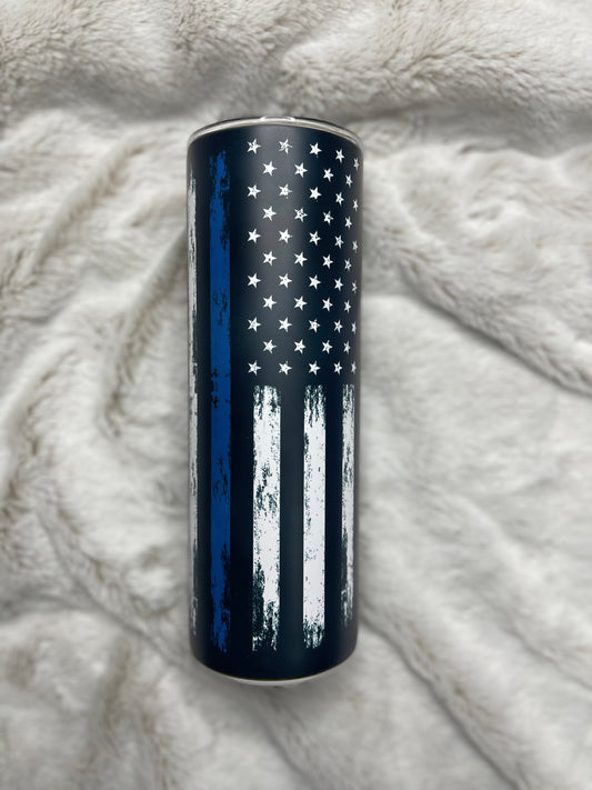 Distressed Blue Line Flag Tumbler